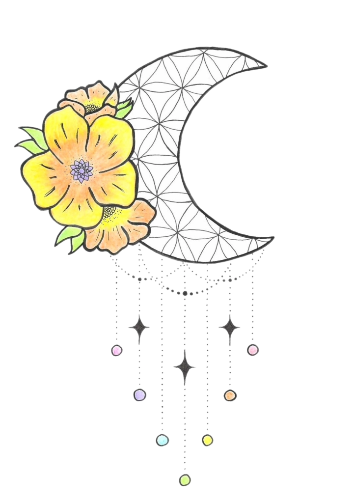 Logo de Julie Rimbault, magnétiseuse énergéticienne à Saint-Rémy, avec une lune géométrique, des fleurs et des étoiles.
