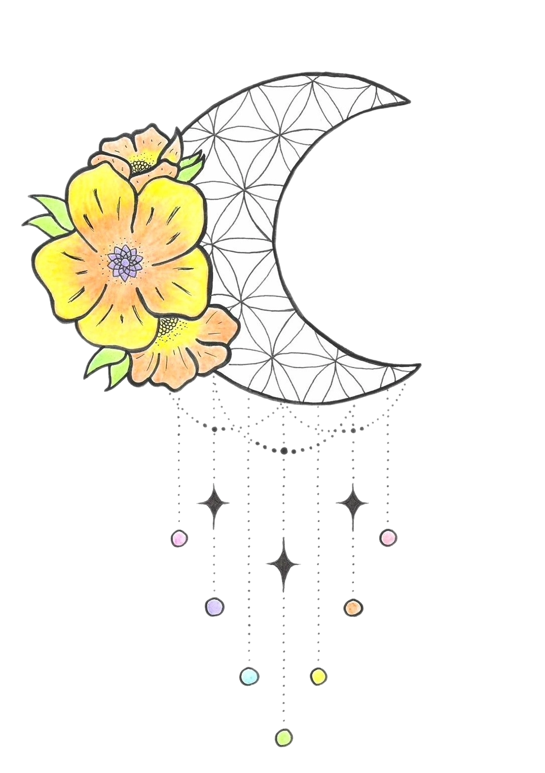 Logo de Julie Rimbault, magnétiseuse énergéticienne à Saint-Rémy, avec une lune géométrique, des fleurs et des étoiles.