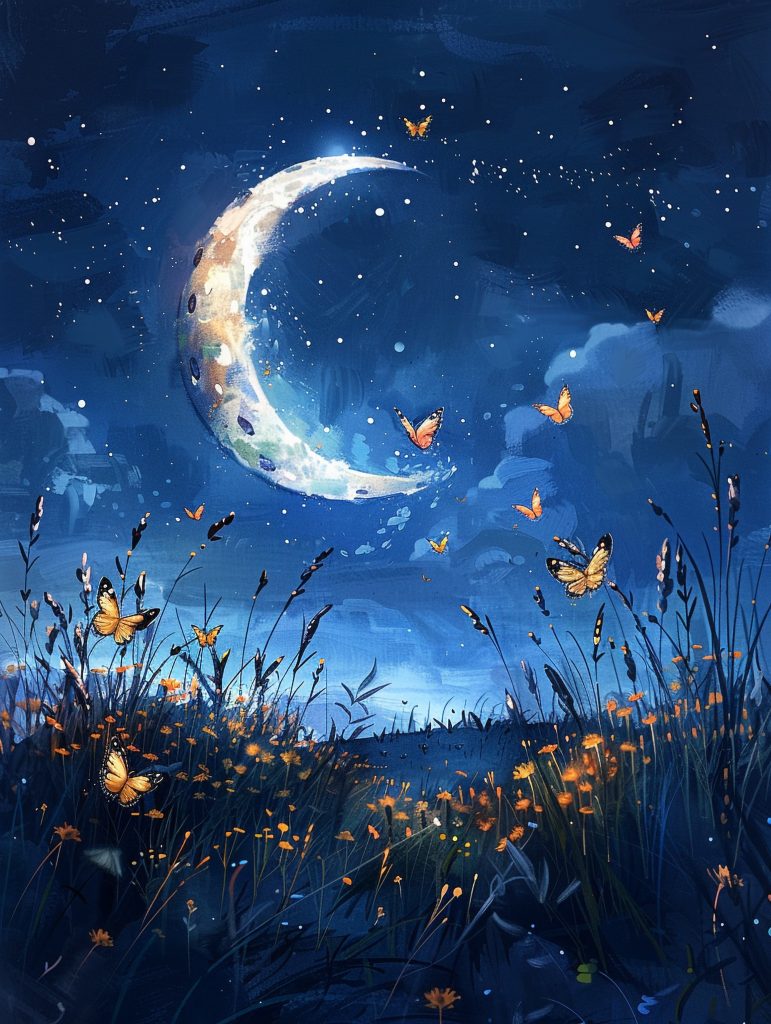 Illustration d’une lune avec des papillons, symbolisant l’interprétation des rêves et la connexion avec l’inconscient.
