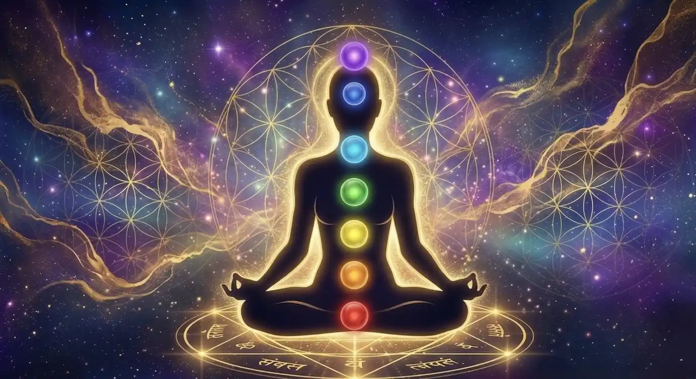 Illustration symbolique du magnétisme avec silhouette en méditation et centres énergétiques alignés